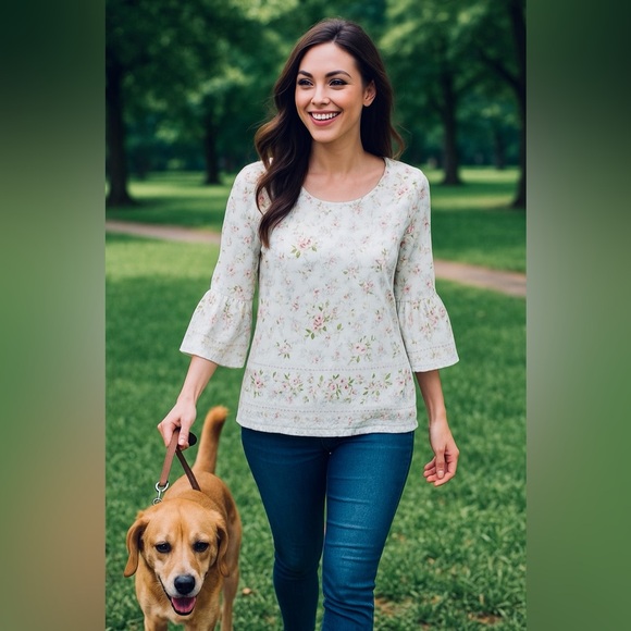 Max Studio Blouse Womens Size S Blue Floral 3/4 Bell Sleeves Lightweight Sheer - Picture 2 of 11